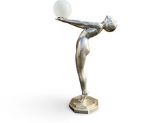 Monumental Art Deco Silvered Bronze Female Figure Floor Lamp