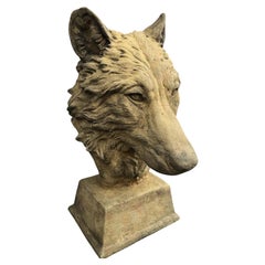English Cast Stone Wolf Head Bust Garden or Gate Pier Sculpture Garden Ornament