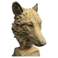 English Cast Stone Wolf Head Bust Garden or Gate Pier Sculpture Garden Ornament