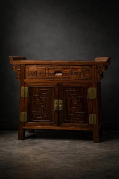 Chinese Ming Style Solid Wood Cabinet with Carved Doors and Brass Hardware
