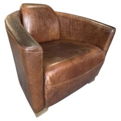 Cigar Brown Distressed Leather Club Aviator Armchair, Contemporary Classic