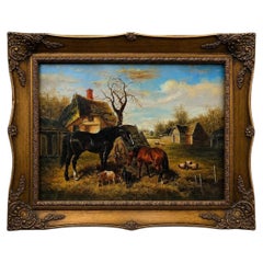 Mid Century English Pastoral Oil Painting Horses & Farm Animals in Gilt Frame