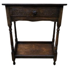 Antique Oak Hall Side Table with Trapezoid Top and Turned Legs, c.1900