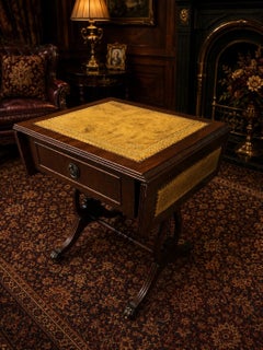 Regency Style Mahogany Drop-Leaf Side Table with Gilt Leather Top