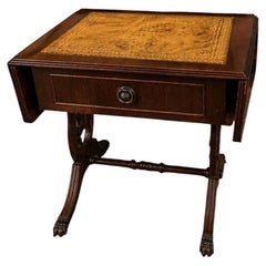 Regency Style Mahogany Drop-Leaf Side Table with Gilt Leather Top