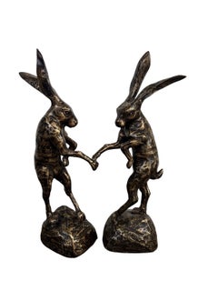 Pair of Bronze Boxing Hares Sculptures, Decorative Rabbit Figures