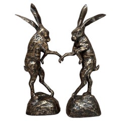 Pair of Bronze Boxing Hares Sculptures, Decorative Rabbit Figures