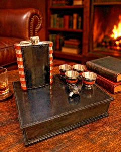 Vintage Leather Hip Flask & Shot Cup Travel Bar Set in Fitted Case