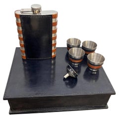 Vintage Leather Hip Flask & Shot Cup Travel Bar Set in Fitted Case