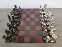 Designer Leather Chess Set with Hand-Cast Metal Pieces and Storage Case
