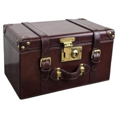 Vintage Brown Leather Storage Trunk with Brass Hardware