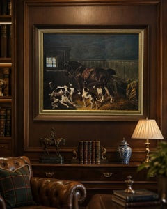 Signed C. Cast Equestrian Oil Painting of Horse & Hunting Hounds, Framed