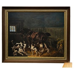 Signed C. Cast Equestrian Oil Painting of Horse & Hunting Hounds, Framed