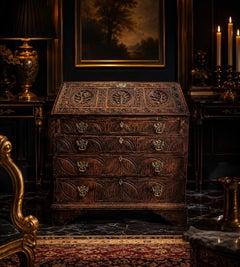 18th Century Carved Oak Fall-Front Bureau with Fitted Interior, circa 1760