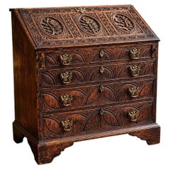 18th Century Carved Oak Fall-Front Bureau with Fitted Interior, circa 1760