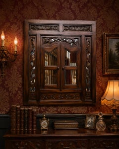 Antique Carved Wood Shuttered Wall Mirror, Gothic Revival, circa 1900