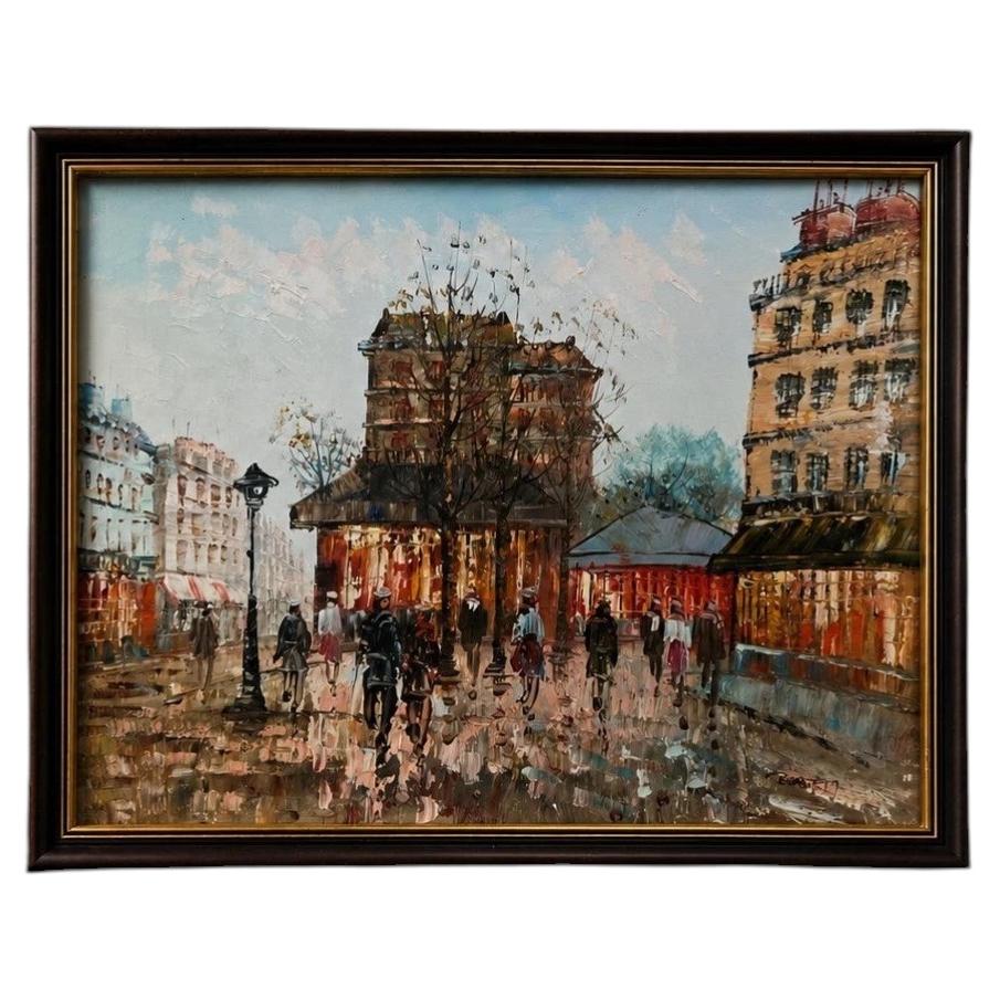 Vintage Signed Impressionist Oil Painting of Paris Street Scene, Framed