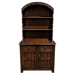 Antique Arts & Crafts Carved Oak Dresser Cabinet with Open Display Rack