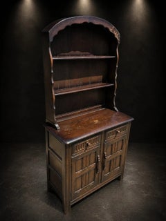 Antique Arts & Crafts Carved Oak Dresser Cabinet with Open Display Rack