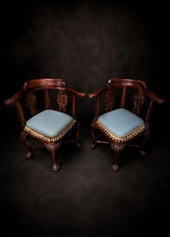 Chippendale Style Carved Mahogany Corner Chairs with Cane Seats & Cushions