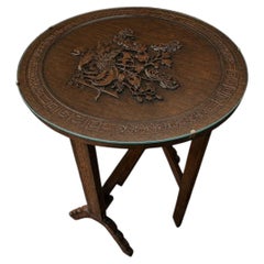Antique Chinese Chippendale Style Carved Oak Rooster Tilt-Top Occasional Table