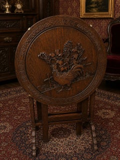 Antique Chinese Chippendale Style Carved Oak Rooster Tilt-Top Occasional Table