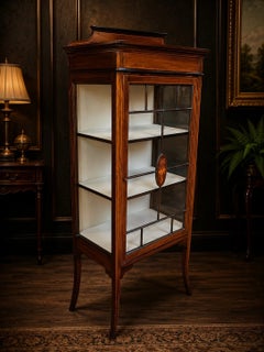 Antique Edwardian Mahogany Inlaid Glazed Display Curio Cabinet Vitrine with Key