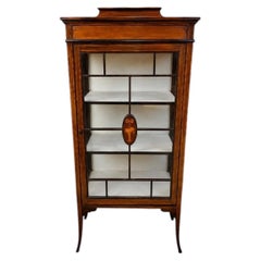 Antique Edwardian Mahogany Inlaid Glazed Display Curio Cabinet Vitrine with Key