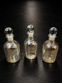 Set of Three Vintage Mercury Glass Apothecary Bottles with Original Stoppers