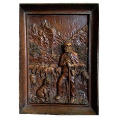 Antique Alpine Shepherd, Sheep & Dog Hand-Carved Wood Relief Panel