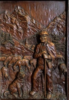 Antique Alpine Shepherd, Sheep & Dog Hand-Carved Wood Relief Panel