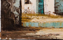 Pintura de un paisaje costero mediterráneo con un pueblo de una isla griega, hacia 1980