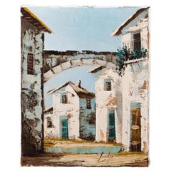 Pintura de un paisaje costero mediterráneo con un pueblo de una isla griega, hacia 1980
