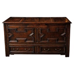 Large Victorian Solid Oak Mule Chest Coffer with Drawers & Carved Initials