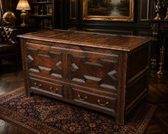 Large Victorian Solid Oak Mule Chest Coffer with Drawers & Carved Initials