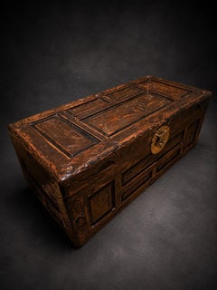 Vintage Hand-Carved Folk Art Wooden Storage Chest with Burgundy Lined Interior