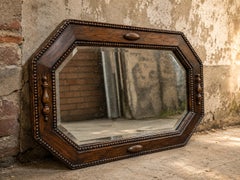 Antique Edwardian Octagonal Dark Oak Wall Mirror with Spindle Detail, circa 1910