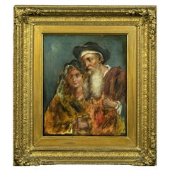 19th Century Dutch School Portrait Painting of an Elderly Man and Young Woman