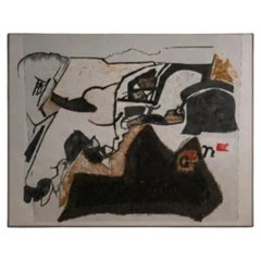 Grande peinture abstraite des années 1970, réalisée en techniques mixtes et en impasto, attribuée à Peter J