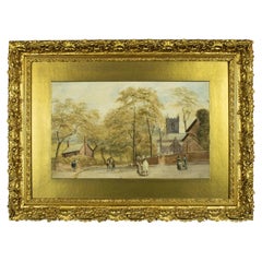 19th Century English Street Scene with Church, Antique Watercolour