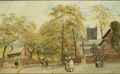 19th Century English Street Scene with Church, Antique Watercolour
