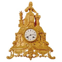 French Louis XV Style Gilt Bronze Figural Mantel Clock, 19th Century