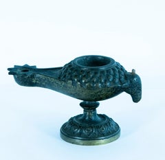 18th Century Greek Copper Alloy Bird-Form Oil Lamp on Pedestal Base