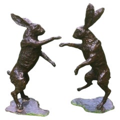 Pair of Life-Size Lost-Wax Bronze Boxing Hares, E&S Crown Foundry Mark
