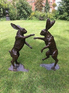 Pair of Life-Size Lost-Wax Bronze Boxing Hares, E&S Crown Foundry Mark