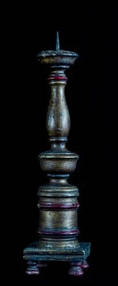 Antique Turned Wood Pricket Candlestick with Polychrome Finish, 19th Century