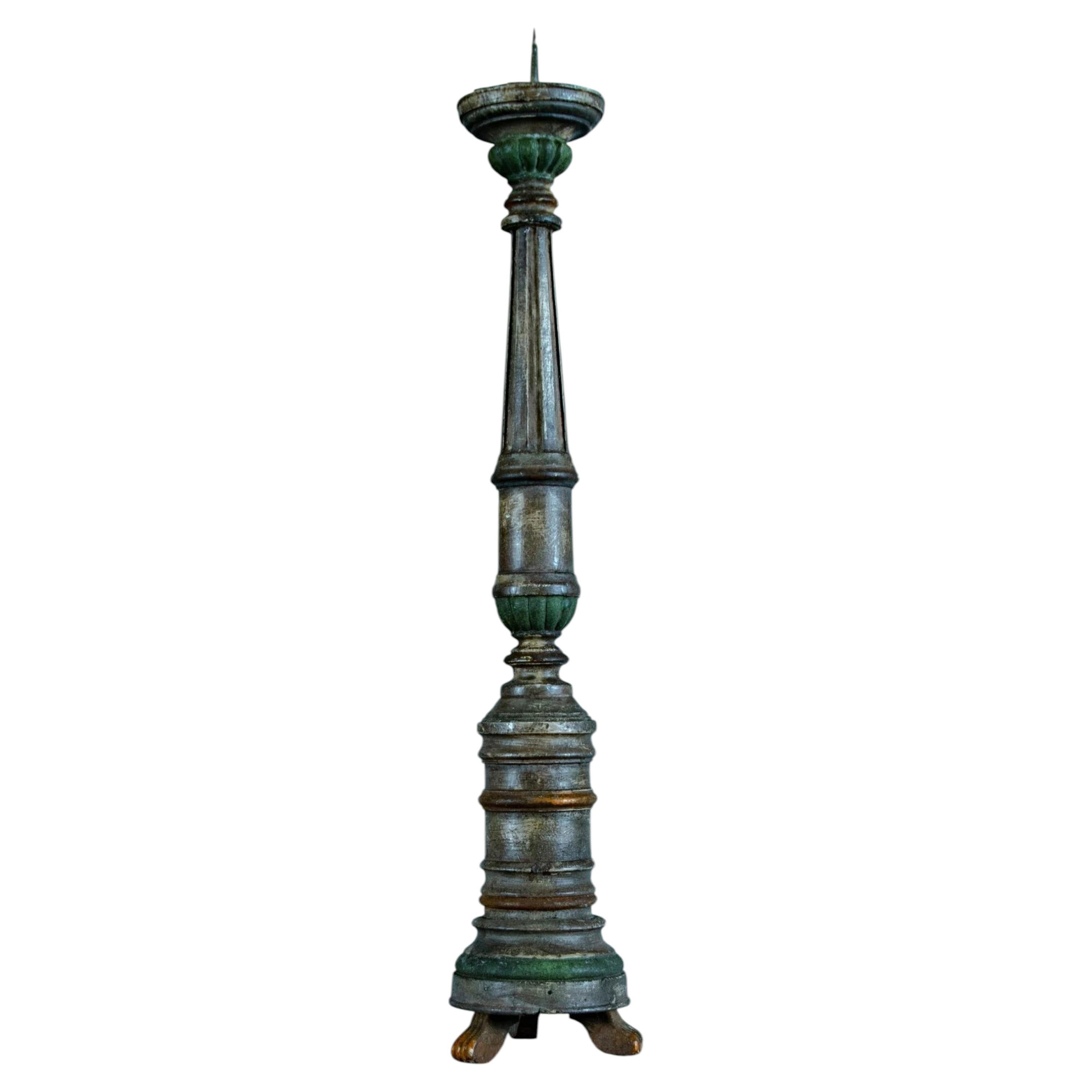 Antique Turned Wood Pricket Candlestick with Polychrome Finish, 19th Century For Sale