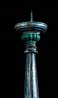 Antique Polychrome Turned Wood Pricket Candlestick on Tripod Base