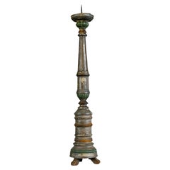 Antique Polychrome Turned Wood Pricket Candlestick on Tripod Base