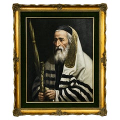 Mid-20th Century Oil Portrait Painting of a Jewish Man in Tallit Holding a Lulav
